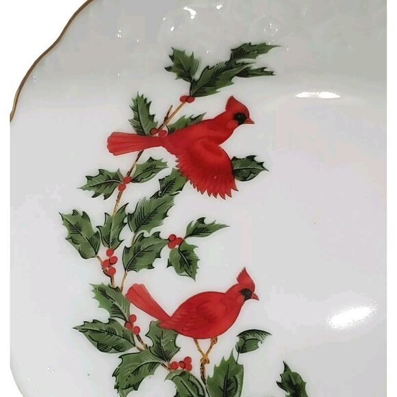 Lefton Cardinal Candy Dish Birds Holly Christmas Holiday Trinket Bone China 1988 - Picture 10 of 14